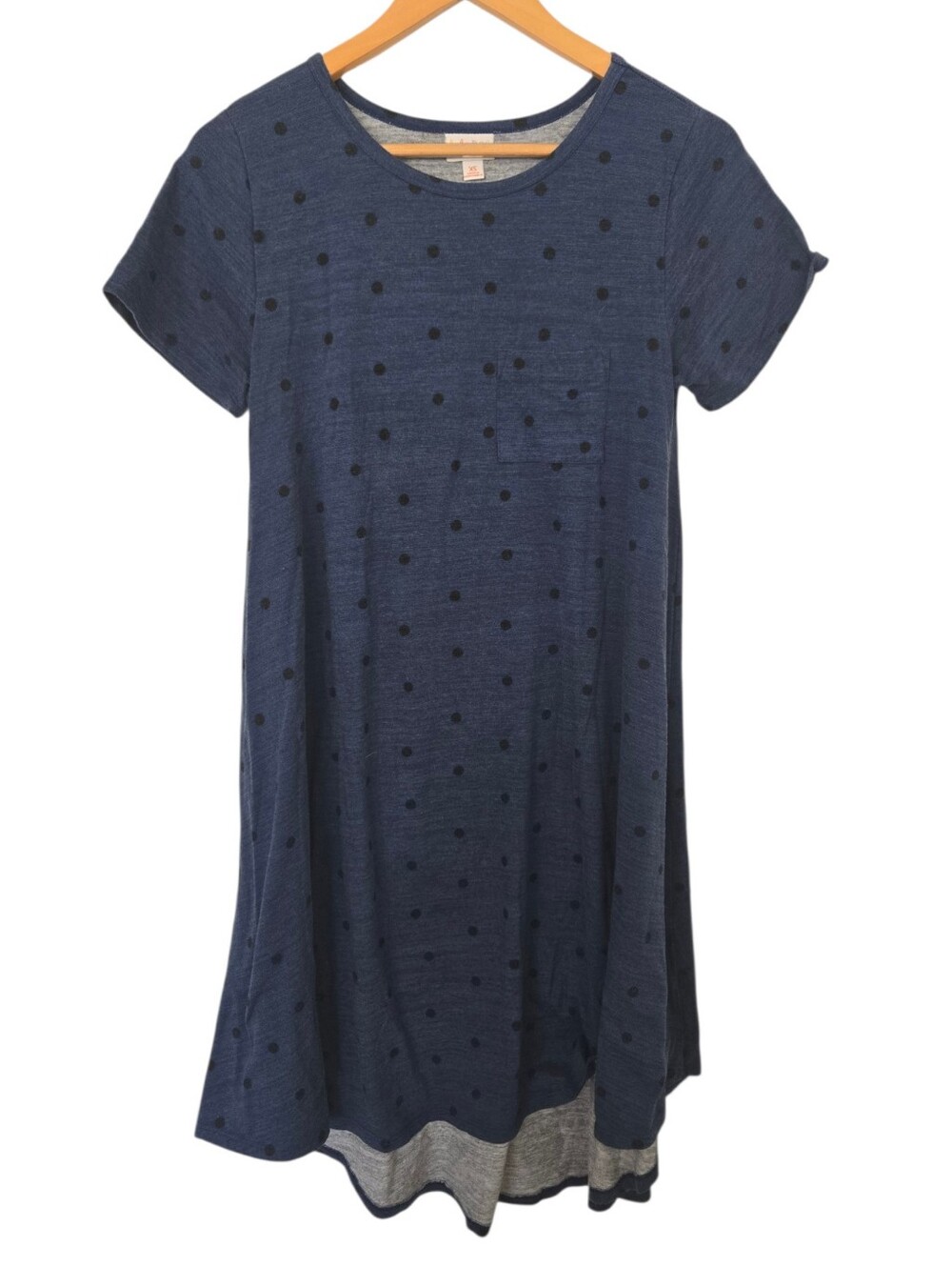 Lularoe Carly High Low Dress XS Blue Black Polka Dot Pocket Swing